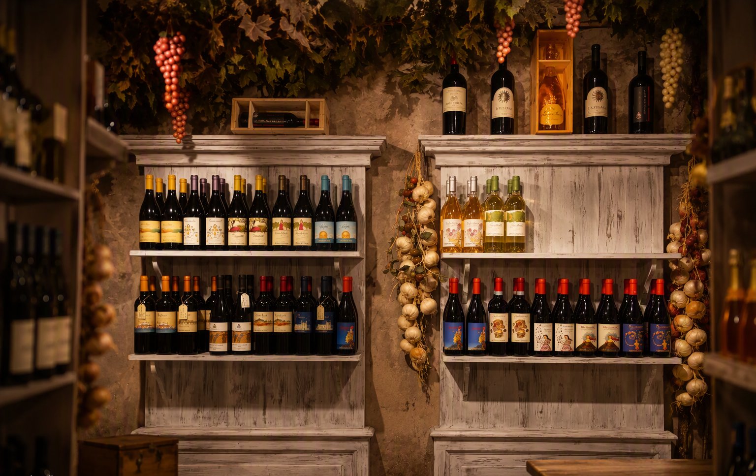 La parete dei vini con l'aglio appeso